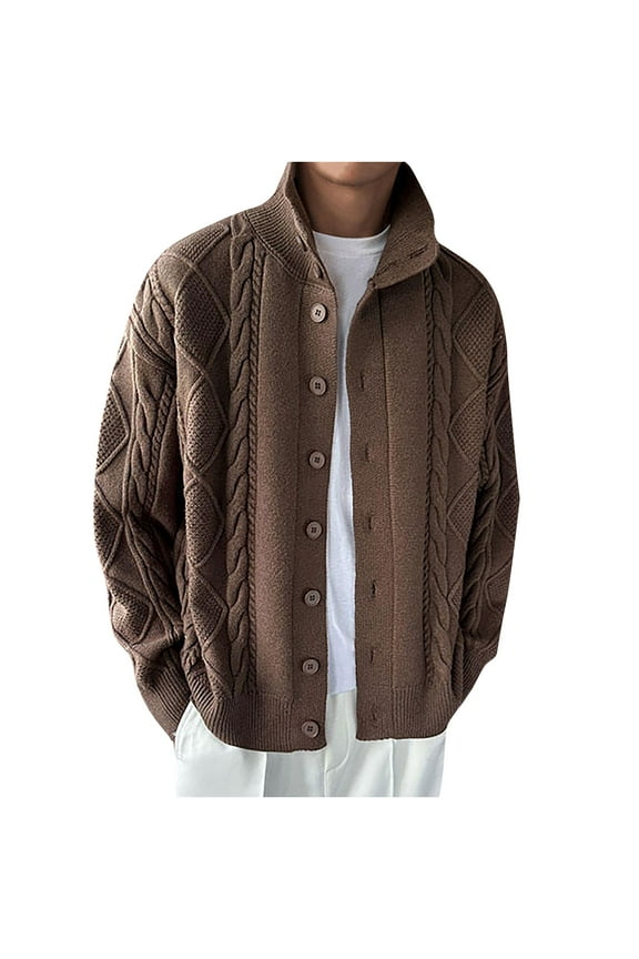 Fashion Casual Men's Solid Color Texture Design Cardigan Button Knit Sweater Jacket Stand Collar Sweater Coat