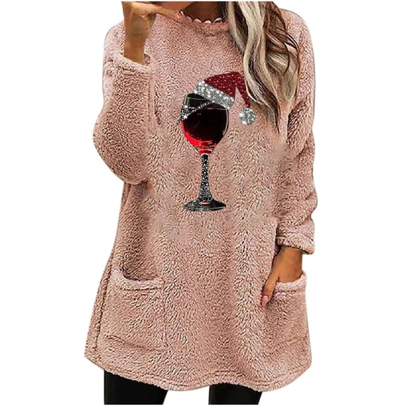 XFYSSS Fashion Ladies' Autumn and Winter Christmas Printed Round Neck Pocket Long Sleeved Thick Double-Sided Velvet Warm Top Long Sleeve Round-Neck Blouses & Shirts
