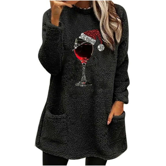 XFYSSS Fashion Ladies' Autumn and Winter Christmas Printed Round Neck Pocket Long Sleeved Thick Double-Sided Velvet Warm Top Long Sleeve Round-Neck Blouses & Shirts