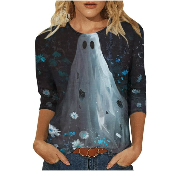 XFYSSS Fashion Ladies' Casual Halloween Printed Round Neck 3/4 Sleeve T-Shirt Loose Top Long Sleeve Round-Neck Blouses & Shirts