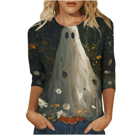 XFYSSS Fashion Ladies' Casual Halloween Printed Round Neck 3/4 Sleeve T-Shirt Loose Top Long Sleeve Round-Neck Blouses & Shirts