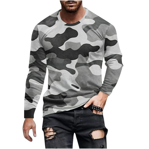 XFYSSS Fashion Men Casual Camouflage Printing Long Sleeve Round-Neck Blouses Shirts Men Polyester Blouse