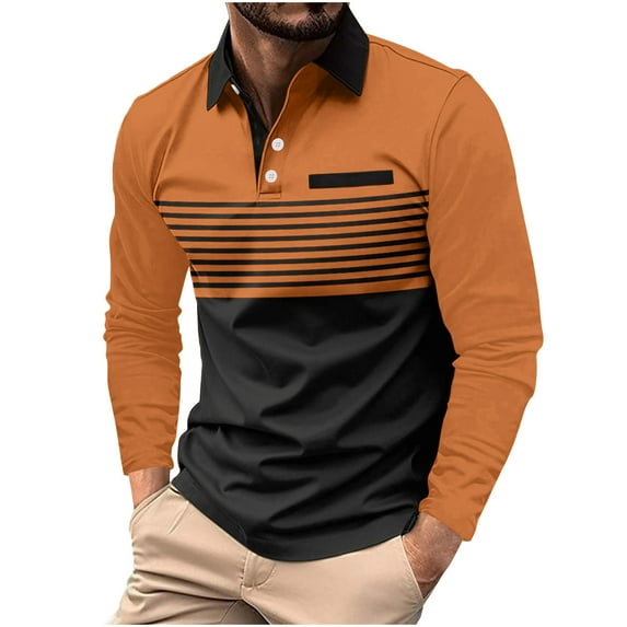 XFYSSS Fashion Men's Casual Color Blocked Striped Long Sleeved Lapel Top Long Sleeve Turndown Collar Blouse & Shirt