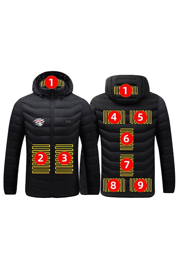 Fashion Men's Dual Control 9-Zone Solid Color Printed Heating Insulation Cotton Jacket with Zipper Opening and Closing USB Charging Long Sleeved Hooded Jacket