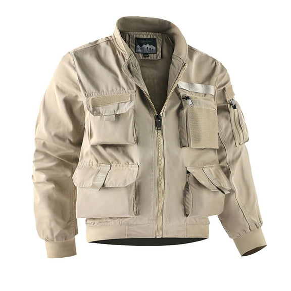 XFYSSS Fashion Men's Solid Color Zipper Multi Pocket Functional Flying Long Sleeved Casual Jacket Long Sleeve Hoodless Casual Outwear & Jackets
