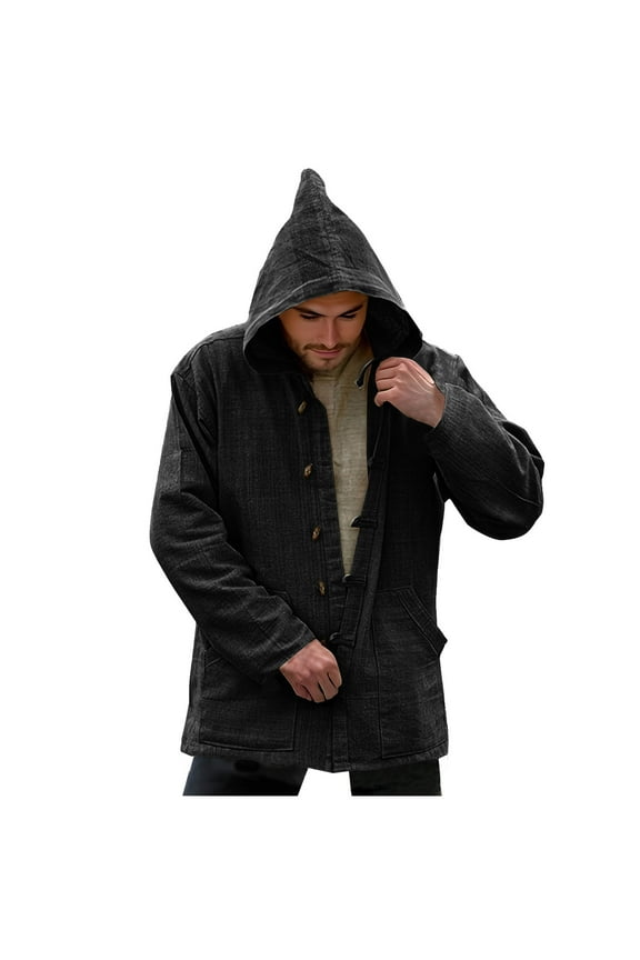 Fashion Men's Spring and Autumn Solid Color Pocket Button Retro Hemp Cotton Hoodie Casual Coat Long Sleeve Hooded Casual Outwear & Jackets