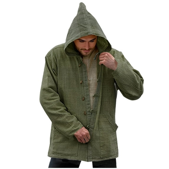 XFYSSS Fashion Men's Spring and Autumn Solid Color Pocket Button Retro Hemp Cotton Hoodie Casual Coat Long Sleeve Hooded Casual Outwear & Jackets