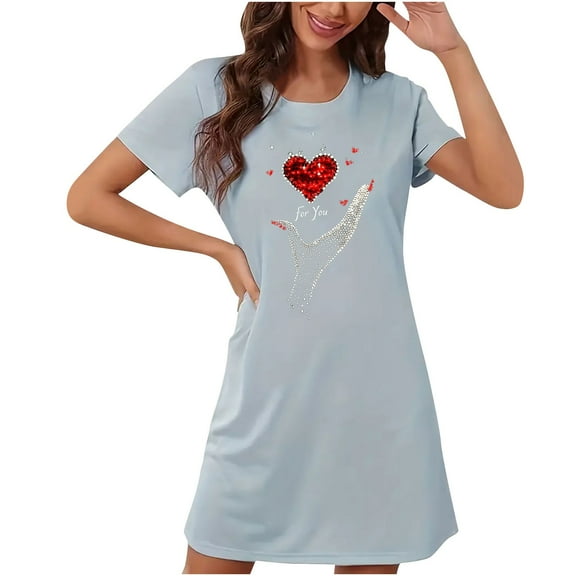 XFYSSS Fashion and Leisure Polyester Nightgowns for Plus Size Chest Print Round Neck Women Oversized Night Shirts Short Sleeve House Dress Sleepwear