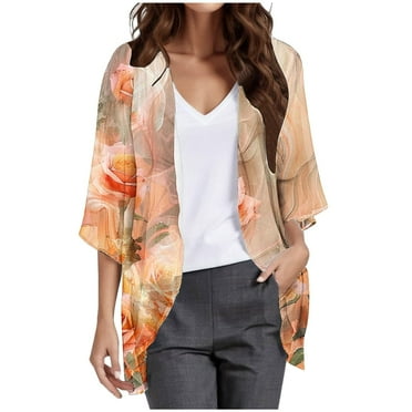 XFYSSS Fashion Women's Casual Beach Style Fluffy Sleeve Cardigan With Printed Cover Up Women Polyester Top 3/4 Sleeve Comfort Open Front Cover Up Blouse