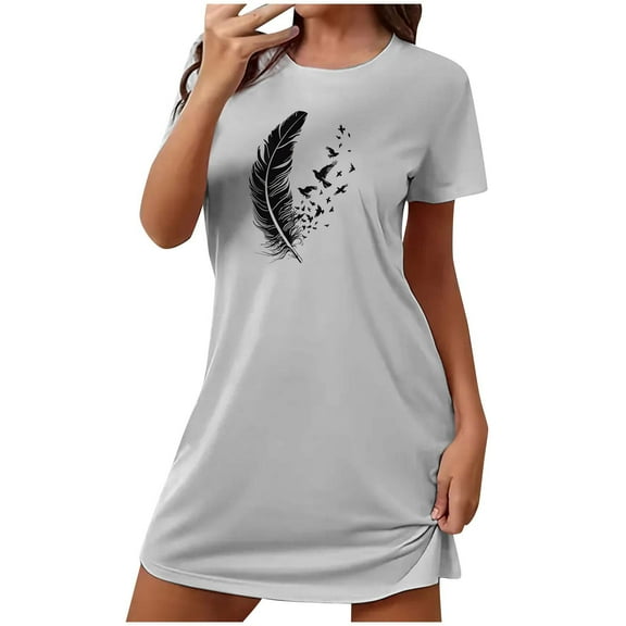 XFYSSS Fashion Women's Nightgown Plus Size Short Nightgown Feather Print Short Sleeve Nightdress Round Neck Short Sleeves Soft Nightshirt Lightweight Pajamas Dress Short Sleepshirts S-2XL