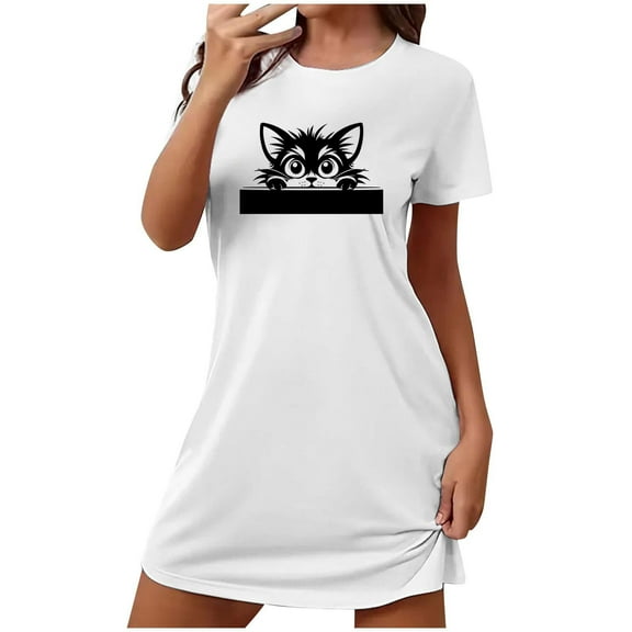 XFYSSS Fashion Women's Plus Size Short Nightgown Cute Cat Head Print Short Sleeve Nightdress Round Neck Short Sleeves Short Sleepshirts S-2XL