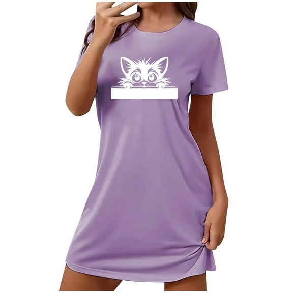 XFYSSS Fashion Women's Plus Size Short Nightgown Cute Cat Head Print Short Sleeve Nightdress Round Neck Short Sleeves Short Sleepshirts S-2XL