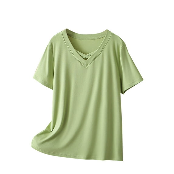 XFYSSS Fashion Women's Summer Plus Size Solid Color Loose and Versatile T-Shirt Short Sleeved Cross V-Neck Top V-Neck Top XL-4XL