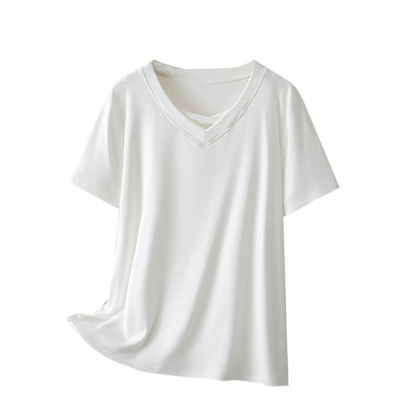 XFYSSS Fashion Women's Summer Plus Size Solid Color Loose and Versatile T-Shirt Short Sleeved Cross V-Neck Top V-Neck Top XL-4XL