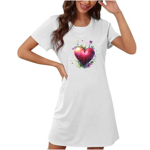 XFYSSS Fashion and Leisure Polyester Nightgowns for Plus Size Chest Print Round Neck Women Oversized Night Shirts Short Sleeve House Dress Sleepwear