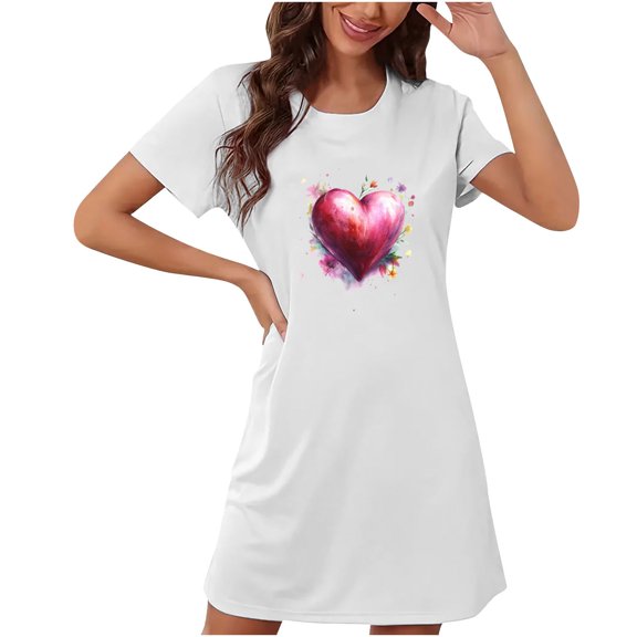 XFYSSS Fashion and Leisure Polyester Nightgowns for Plus Size Chest Print Round Neck Women Oversized Night Shirts Short Sleeve House Dress Sleepwear