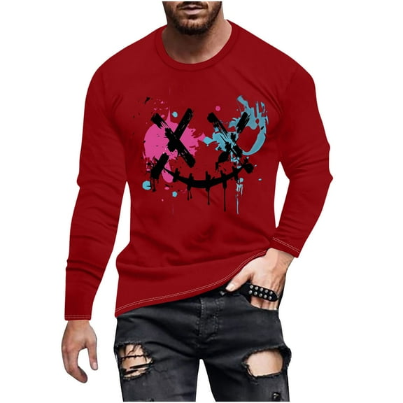 XFYSSS Fashionable Casual Men's Printed Top With Long Sleeved Round Neck Blouses & Shirts Men Imitation Cotton Top