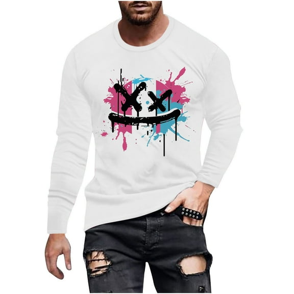 XFYSSS Fashionable Casual Men's Printed Top With Long Sleeved Round Neck Blouses & Shirts Men Imitation Cotton Top