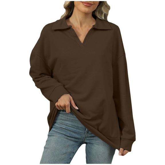 XFYSSS Fashionable and Casual Women's Solid Color Lapel Loose Long Sleeve Sweatshirt Long Sleeve Turndown Collar Blouses & Shirts Women Polyester Top