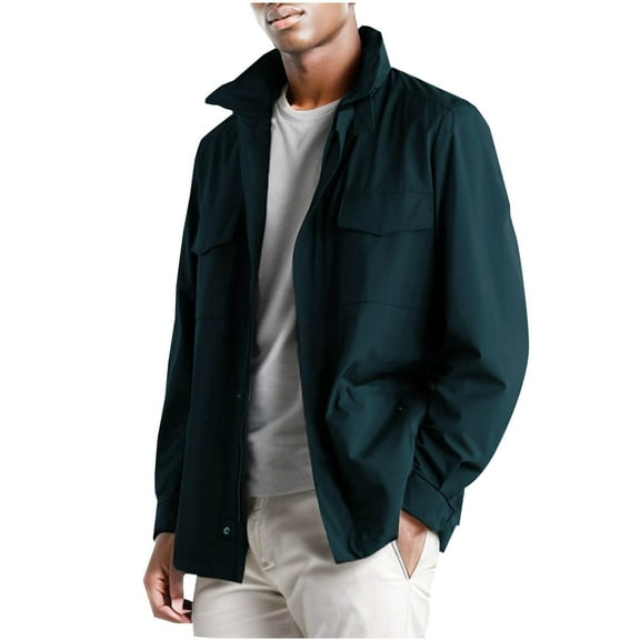 XFYSSS Fasion Casual Men's Solid Color Zipper Button Pocket Workwear Style Jacket Long Sleeved Hoodless Casual Outwear & Jackets
