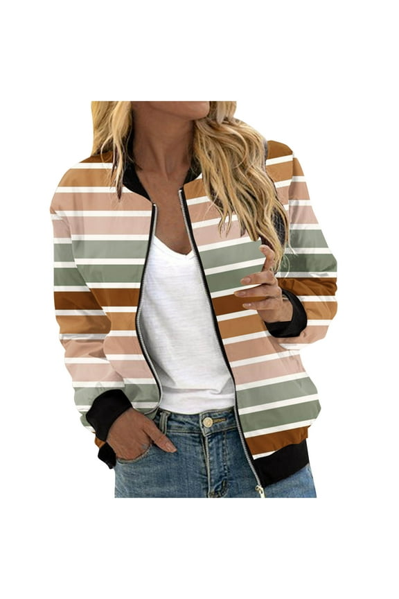 Ladies' Casual Fashion Striped Pocket Zipper Top Short Jacket Long Sleeve Hoodless Casual Outwear & Jackets