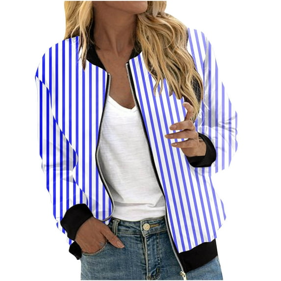 XFYSSS Ladies' Casual Fashion Striped Pocket Zipper Top Short Jacket Long Sleeve Hoodless Casual Outwear & Jackets