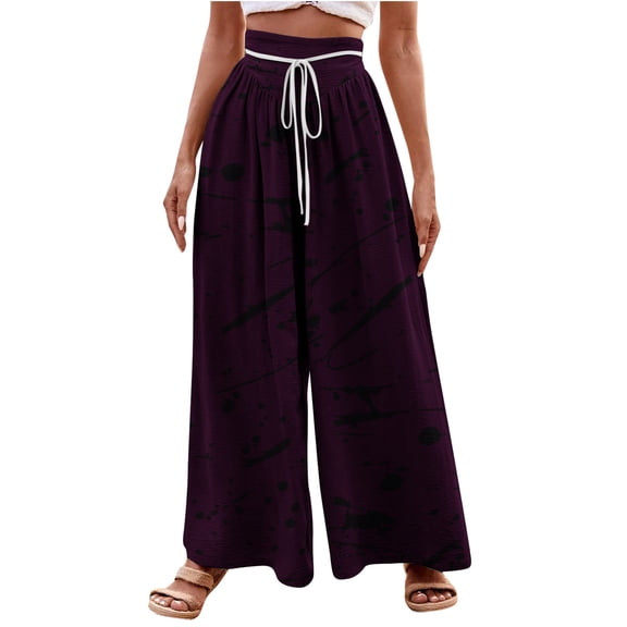 XFYSSS Ladies' Fashion Casual Printed Drawstring High Waist Wide Leg Pants Full Length Pants Women Polyester Pants