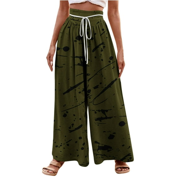 XFYSSS Ladies' Fashion Casual Printed Drawstring High Waist Wide Leg Pants Full Length Pants Women Polyester Pants