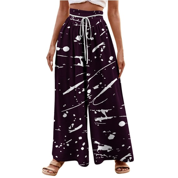 XFYSSS Ladies' Fashion Casual Printed Drawstring High Waist Wide Leg Pants Full Length Pants Women Polyester Pants