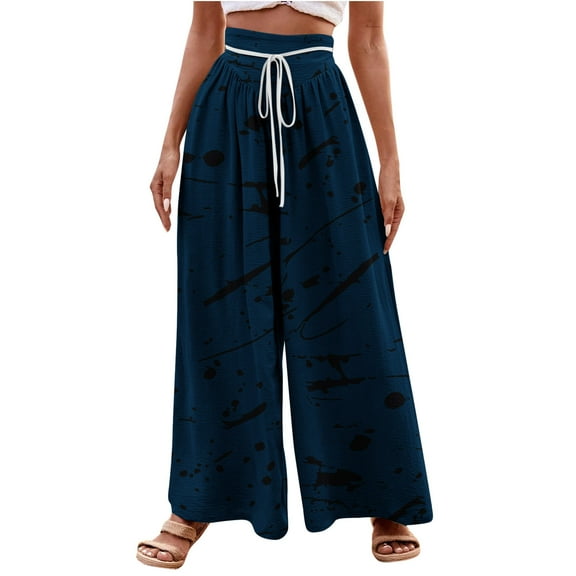 XFYSSS Ladies' Fashion Casual Printed Drawstring High Waist Wide Leg Pants Full Length Pants Women Polyester Pants