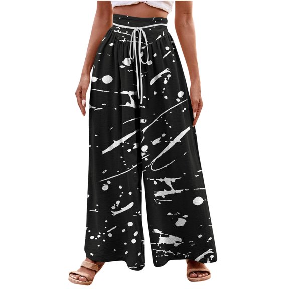 XFYSSS Ladies' Fashion Casual Printed Drawstring High Waist Wide Leg Pants Full Length Pants Women Polyester Pants