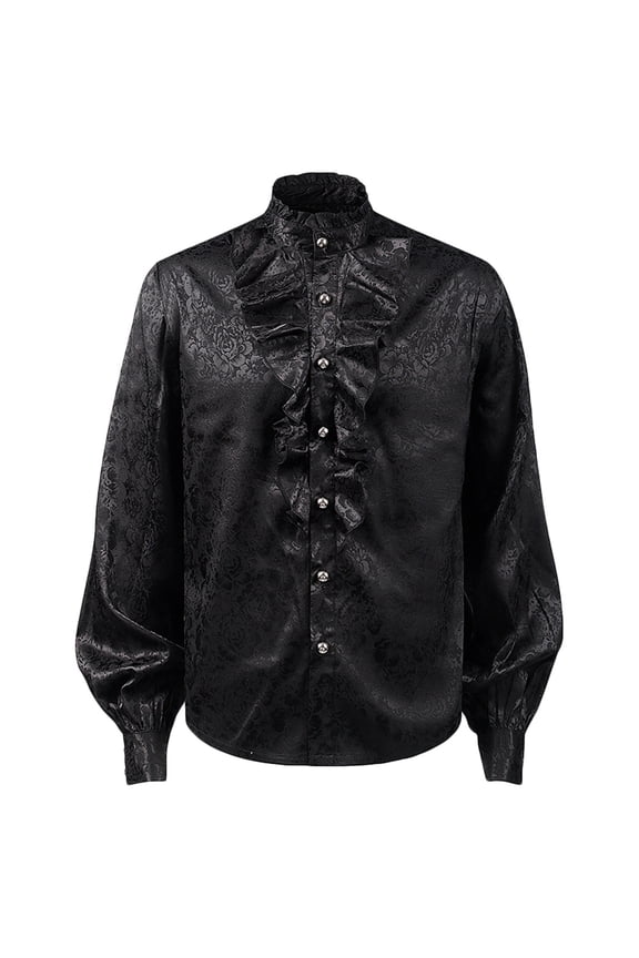 Men Casual Fashion Pullover Long Sleeve Ruffled Renaissance Shirt Steampunk Trumpet Sleeve Top Long Sleeve Stand-up Collar Blouse & Shirt