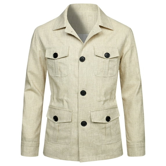 XFYSSS Men's Autumn Solid Color Design Pocket Button Linen Long Sleeved Hoodless Lapel Casual Outwear & Jackets