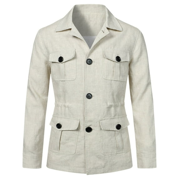 XFYSSS Men's Autumn Solid Color Design Pocket Button Linen Long Sleeved Hoodless Lapel Casual Outwear & Jackets