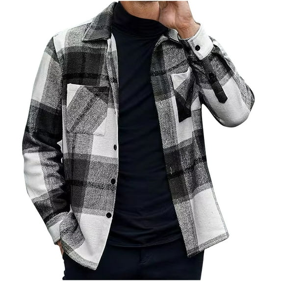 XFYSSS Men's Casual Personality Checkered Printing Button Pocket Lapel Fashion Long Sleeve Turndown Collar Casual Outwear & Jackets