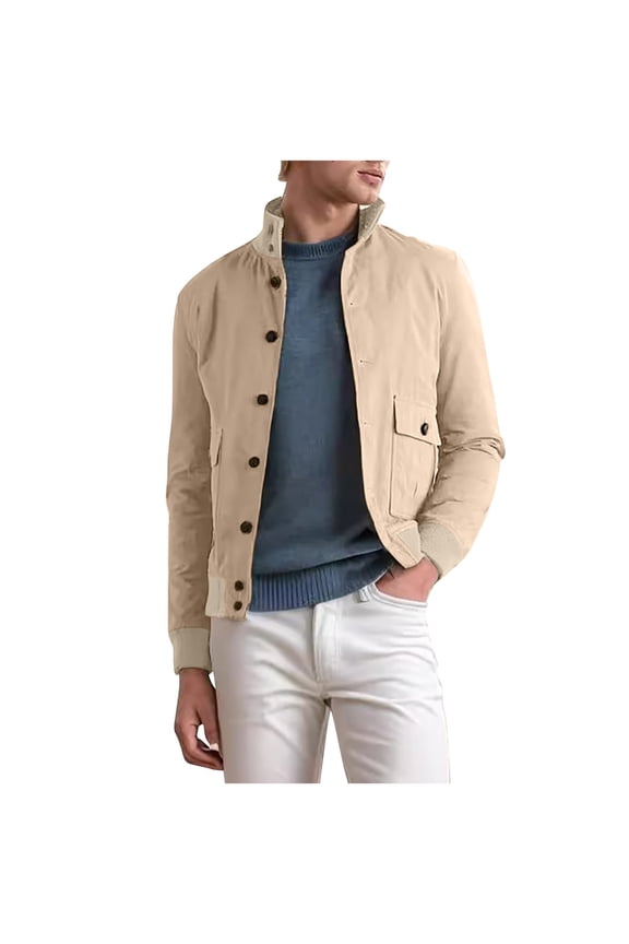 Men's Fasion Casual Solid Color Button Pocket Jacket Long Sleeved Hoodless Casual Outwear & Jackets Men Polyester Jacket