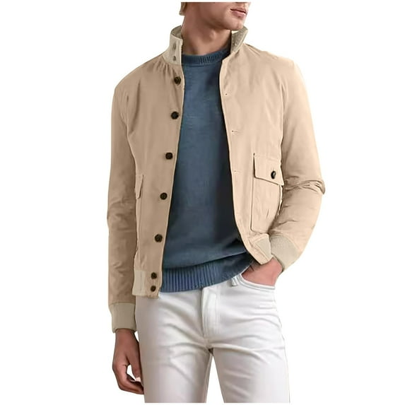 XFYSSS Men's Fasion Casual Solid Color Button Pocket Jacket Long Sleeved Hoodless Casual Outwear & Jackets Men Polyester Jacket