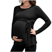 XFYSSS Pregnant Women's Autumn And Winter Casual Round Neck Solid Color Long Sleeved Sweater Knitted Ribbed Slimming Belt Pregnant Women's Top