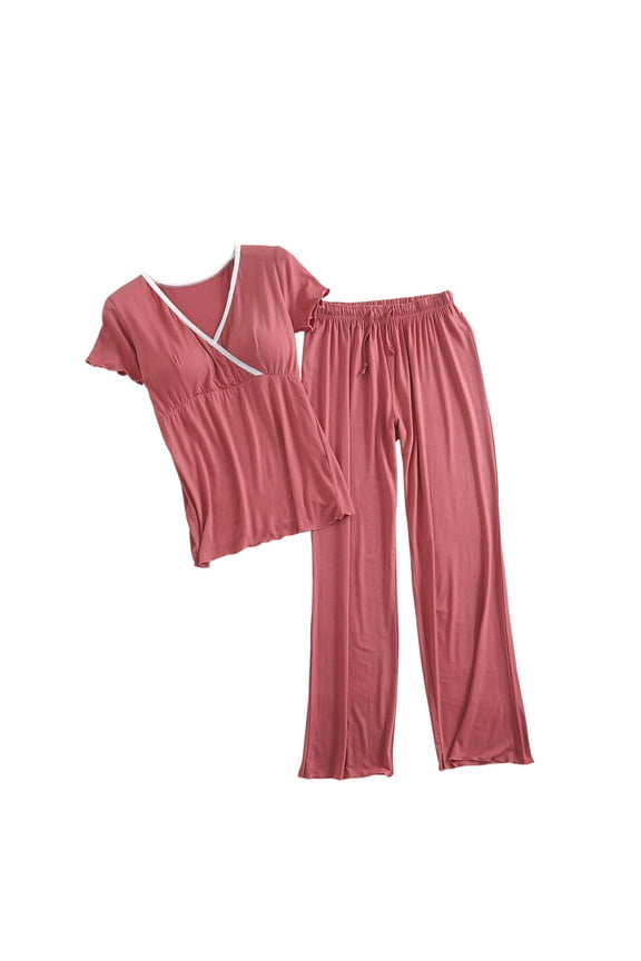 Pregnant Womens Modal Set Short Sleeve Top & Pants Set Nursing Soft Comfy Maternity Lounge Sets Women's V-neck Short Sleeved Postpartum Clothing