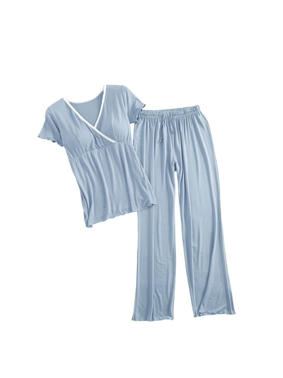 Pregnant Womens Modal Set Short Sleeve Top & Pants Set Nursing Soft Comfy Maternity Lounge Sets Women's V-neck Short Sleeved Postpartum Clothing
