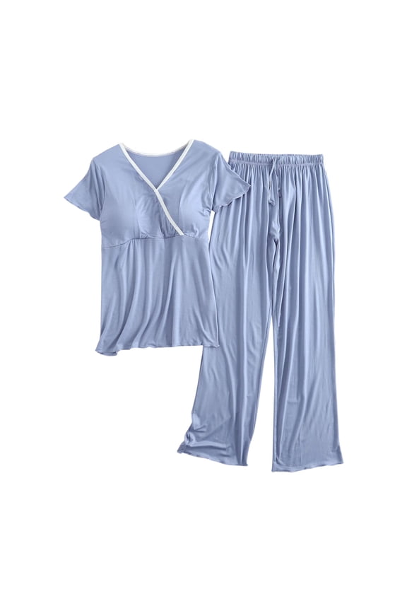 Pregnant Womens Modal Set Short Sleeve Top & Pants Set Nursing Soft Comfy Maternity Lounge Sets Women's V-neck Short Sleeved Postpartum Clothing