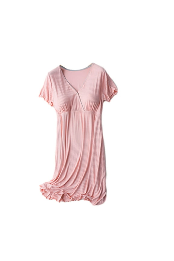 Summer Dress Thin Pregnancy Nightgown Dress Nursing Nightgowns for Women Breastfeeding Sleepwear Comfy Short Sleeve V Neck Ribbed Pajamas Dress with Built in Bra