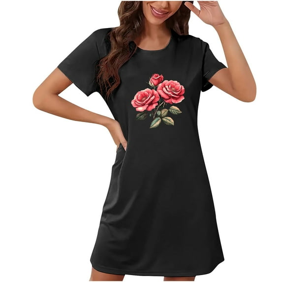 XFYSSS Valentines Day Fashion Nightgowns Rose Print Round Neck Sleep Shirts for Women Printed Short Sleeve Womens Plus Size Nightgowns Short Sleeve House Dress Sleepwear