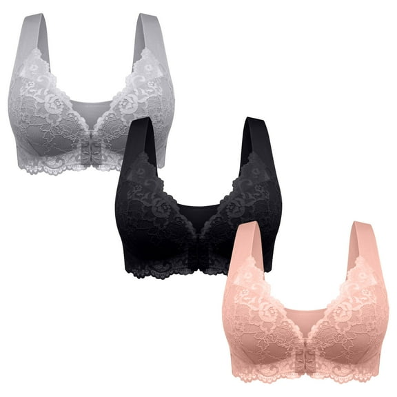 XFYSSS Women Fashion 3pc Women's Seamless Breathable Gathered Full Cup Anti Slip Bra Front Button Lace Vest Style Underwear