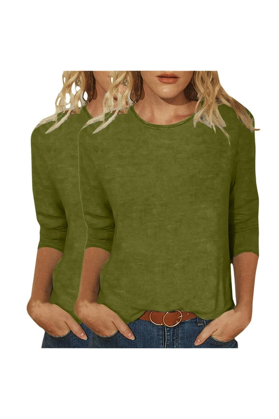 Women's 2PC Casual Fashion Loose Round Neck Solid Color Seven Quarter Sleeved Top Long Sleeve Round-Neck Blouses & Shirts
