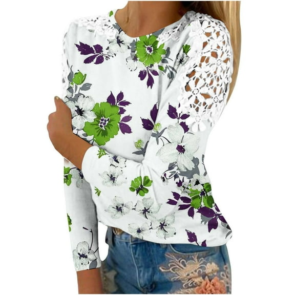 XFYSSS Women's Casual Print Lace Round Neck Long Sleeved T-shirt Loose Top Long Sleeve Round-Neck Blouses & Shirts