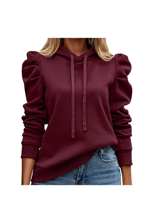 Women's Casual Solid Color Hoodies Drawstring Puff Long Sleeve Solid Lightweight Pullover Tops Loose Sweatshirt