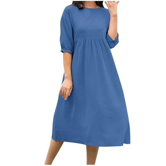 XFYSSS Women's Fashion Mid-sleeve Round Neck Solid Color And Linen Pockets Dresses Casual Long Sleeve Round-Neck Dress