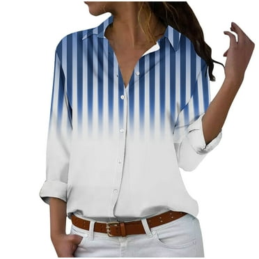 XFYSSS Women's Fasion Long Sleeved Regular Casual Striped Printed Lapel Button Up Shirt Top Long Sleeve Turndown Collar Blouse & Shirt