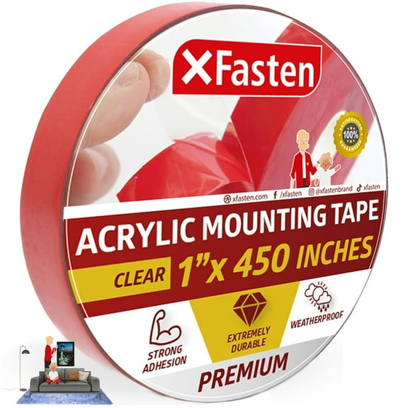 XFasten Acrylic Mounting Tape Heavy Duty 1-inch x 450 inches Clear Double-Sided Industrial Strength